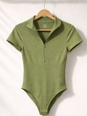 Olive Green Ribbed Zip-Front Bodysuit Top